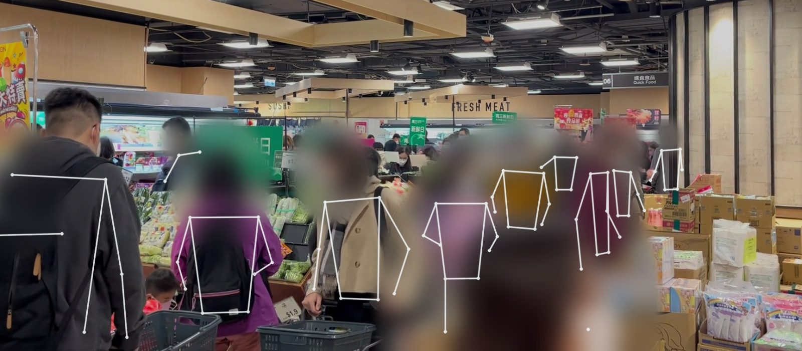 A store floor seen from a ceiling camera, with each shopper traced as a thin white figure and faces blurred.